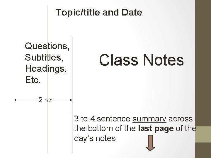 Topic/title and Date Questions, Subtitles, Headings, Etc. Class Notes 2 1/2” 3 to 4