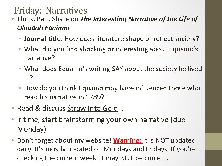 Friday: Narratives • Think. Pair. Share on The Interesting Narrative of the Life of