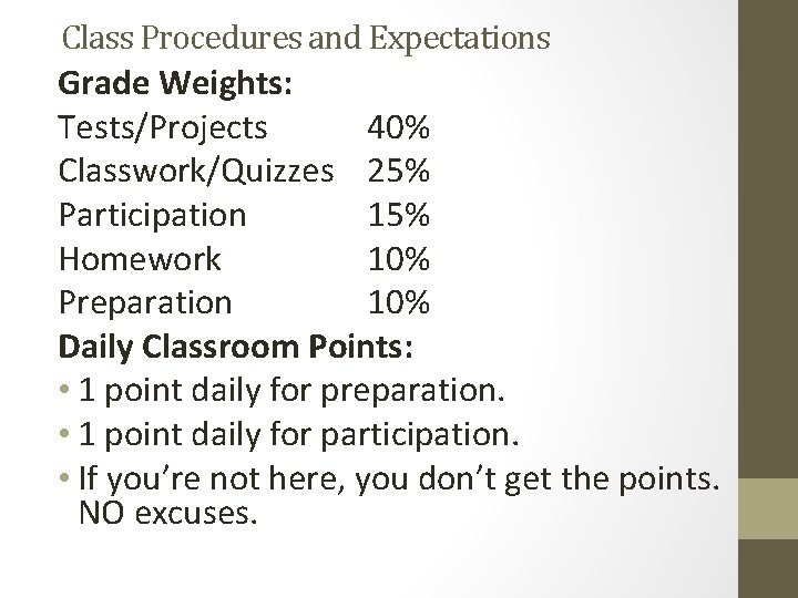 Class Procedures and Expectations Grade Weights: Tests/Projects 40% Classwork/Quizzes 25% Participation 15% Homework 10%