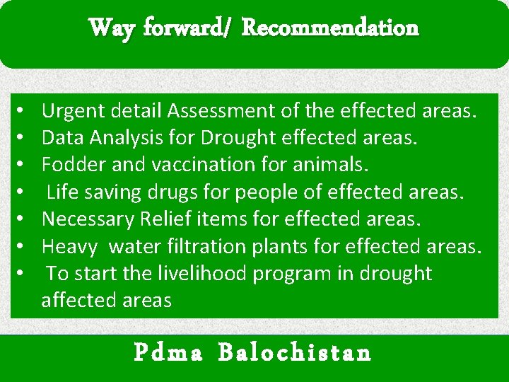 Way forward/ Recommendation • • Urgent detail Assessment of the effected areas. Data Analysis