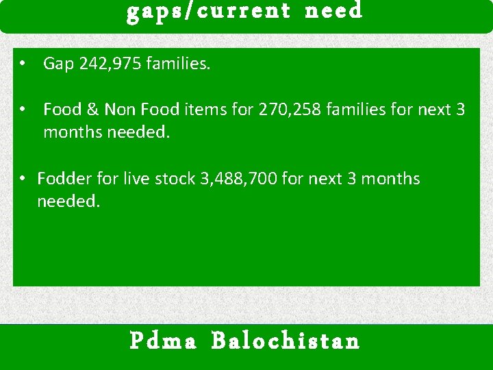 gaps/current need • Gap 242, 975 families. • Food & Non Food items for