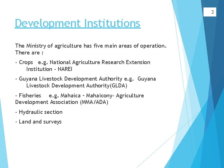 3 Development Institutions The Ministry of agriculture has five main areas of operation. There