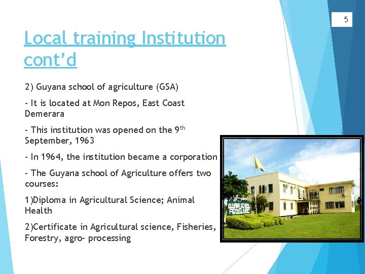 5 Local training Institution cont’d 2) Guyana school of agriculture (GSA) - It is