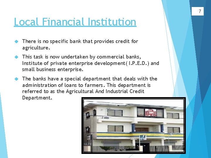 7 Local Financial Institution There is no specific bank that provides credit for agriculture.