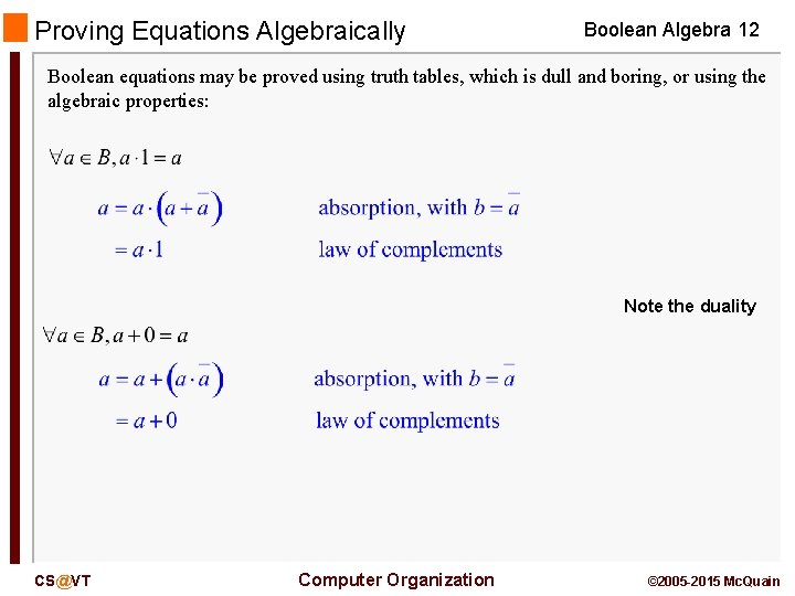 Proving Equations Algebraically Boolean Algebra 12 Boolean equations may be proved using truth tables,