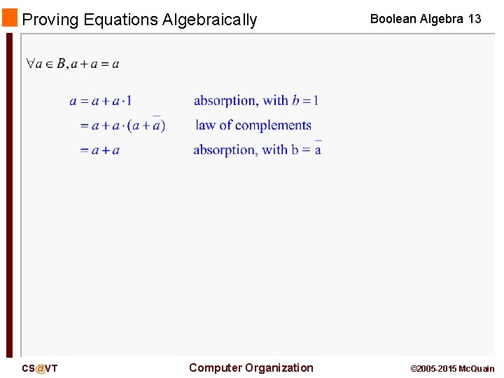 Proving Equations Algebraically CS@VT Computer Organization Boolean Algebra 13 © 2005 -2015 Mc. Quain