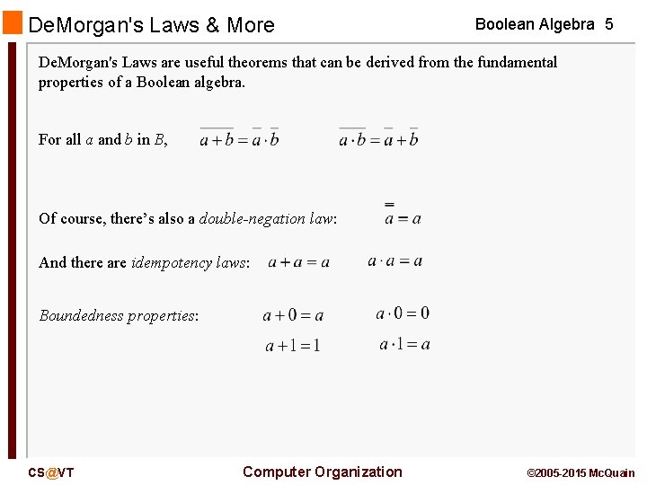 De. Morgan's Laws & More Boolean Algebra 5 De. Morgan's Laws are useful theorems
