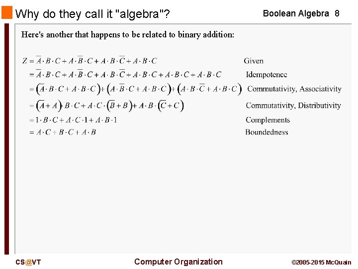 Why do they call it "algebra"? Boolean Algebra 8 Here's another that happens to