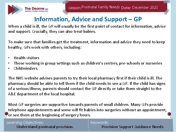 Postnatal Family Needs December 2021 Information, Advice and Support – GP When a child