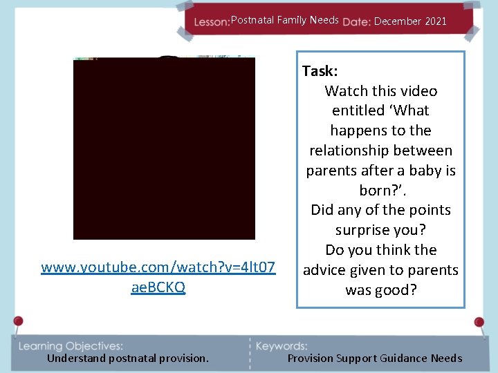 Postnatal Family Needs www. youtube. com/watch? v=4 lt 07 ae. BCKQ Understand postnatal provision.