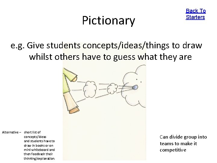 Pictionary Back To Starters e. g. Give students concepts/ideas/things to draw whilst others have