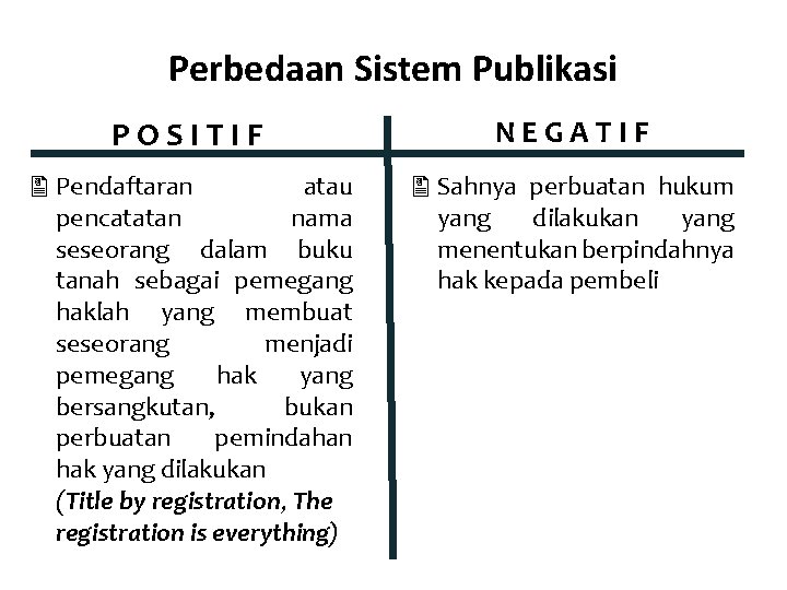 Perbedaan Sistem Publikasi POSITIF NEGATIF Pendaftaran atau pencatatan nama seseorang dalam buku tanah sebagai