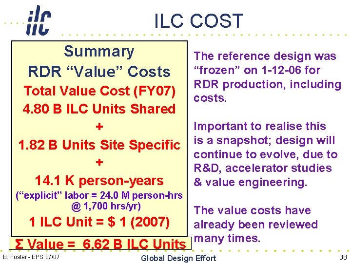 ILC COST Summary RDR “Value” Costs Total Value Cost (FY 07) 4. 80 B