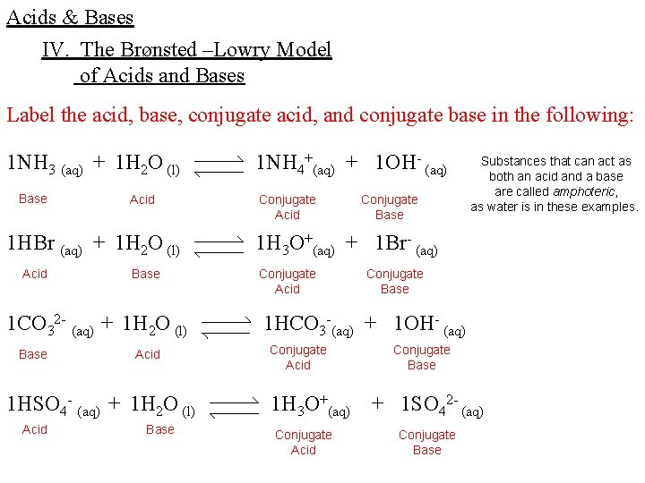 Acids & Bases IV. The Brønsted –Lowry Model of Acids and Bases Label the