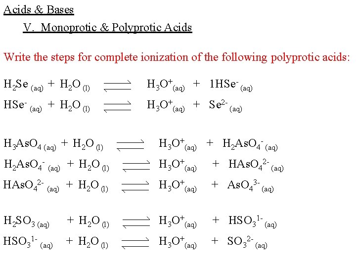 Acids & Bases V. Monoprotic & Polyprotic Acids Write the steps for complete ionization