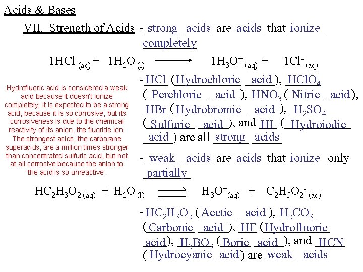 Acids & Bases VII. Strength of Acids -______ strong _____ acids are _____ acids