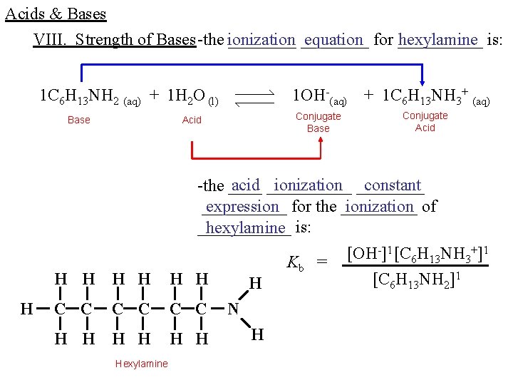 Acids & Bases VIII. Strength of Bases -the ionization ________ equation for _____ hexylamine