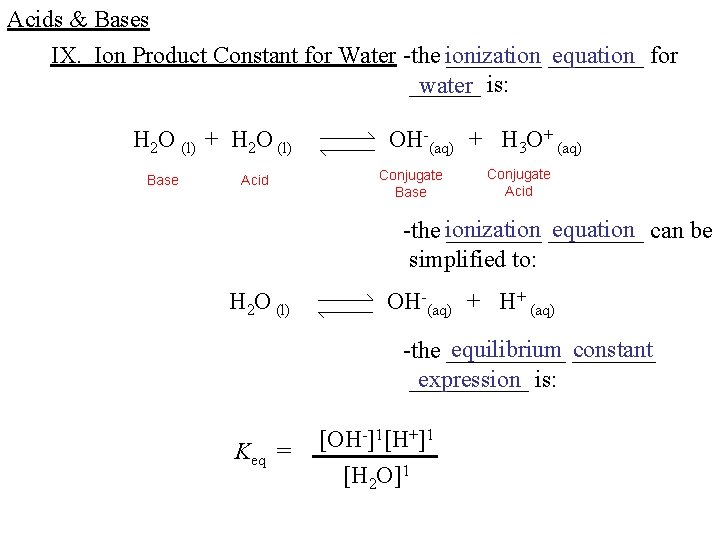 Acids & Bases IX. Ion Product Constant for Water -the ionization ________ equation for