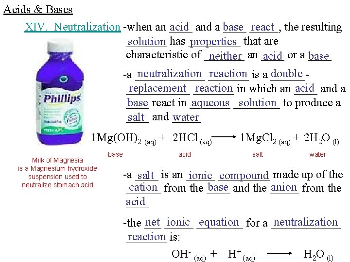 Acids & Bases XIV. Neutralization -when an ____ acid and a base _____, react