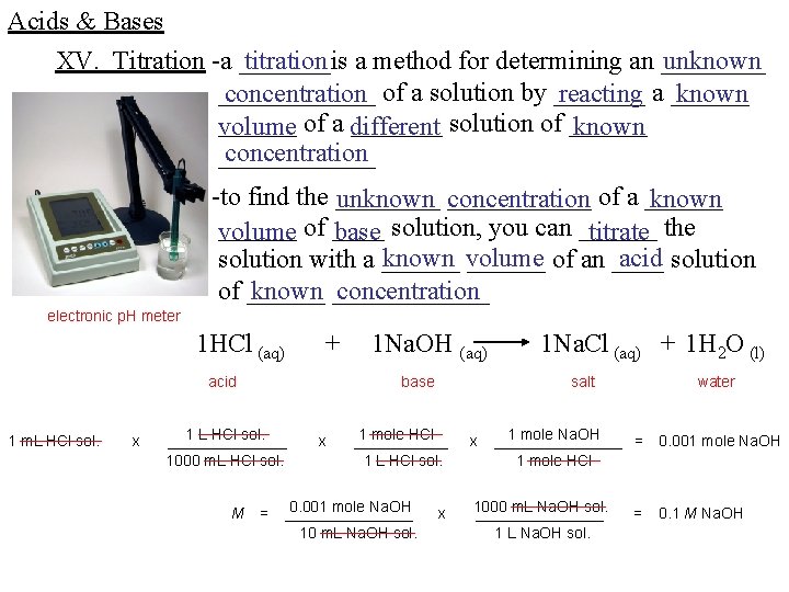 Acids & Bases XV. Titration -a _______is titration a method for determining an ____