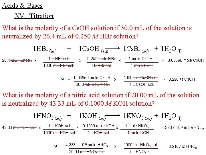 Acids & Bases XV. Titration What is the molarity of a Cs. OH solution