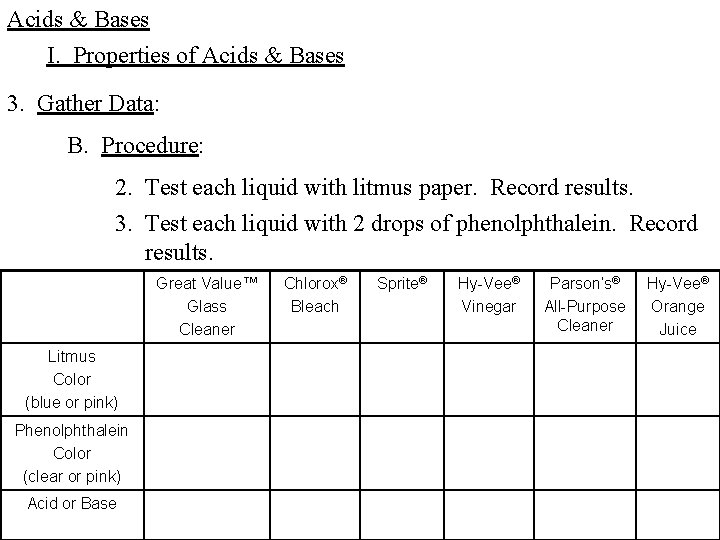 Acids & Bases I. Properties of Acids & Bases 3. Gather Data: B. Procedure: