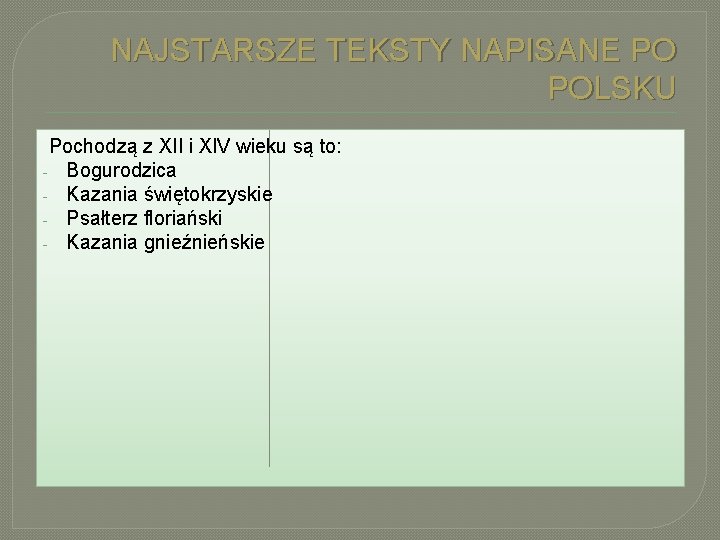 NAJSTARSZE TEKSTY NAPISANE PO POLSKU Pochodzą z XII i XIV wieku są to: -