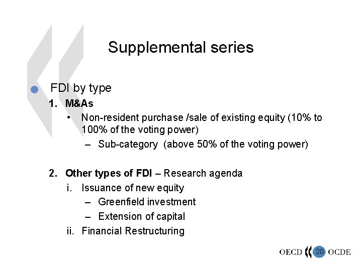 Supplemental series n FDI by type 1. M&As • Non-resident purchase /sale of existing