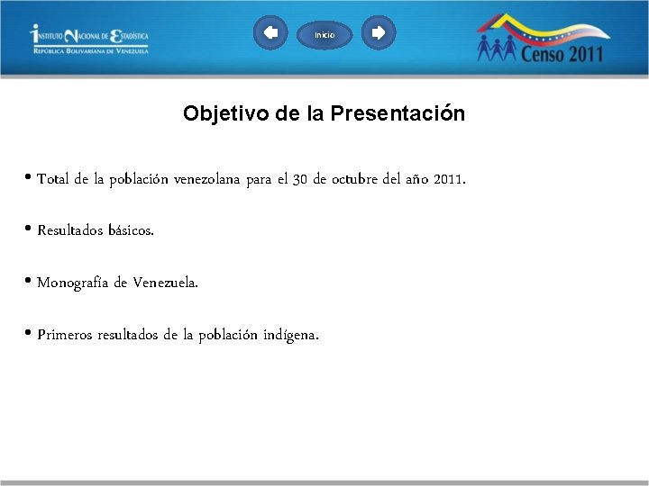 Inicio Objetivo de la Presentación • Total de la población venezolana para el 30