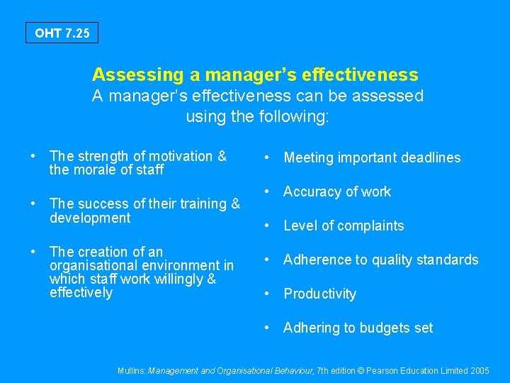 OHT 7. 25 Assessing a manager’s effectiveness A manager’s effectiveness can be assessed using