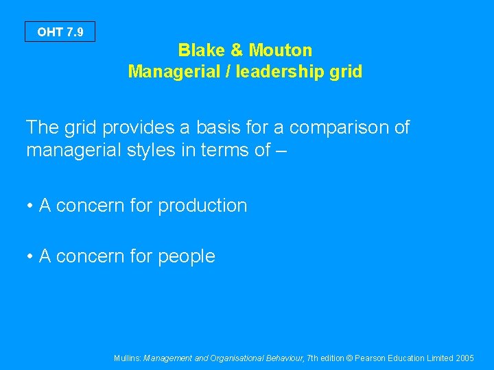 OHT 7. 9 Blake & Mouton Managerial / leadership grid The grid provides a