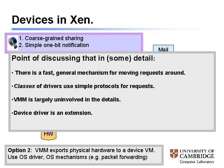 Devices in Xen. 1. Coarse-grained sharing 2. Simple one-bit notification Mail Point of discussing