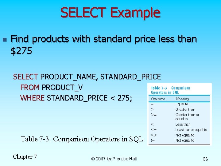 SELECT Example n Find products with standard price less than $275 SELECT PRODUCT_NAME, STANDARD_PRICE
