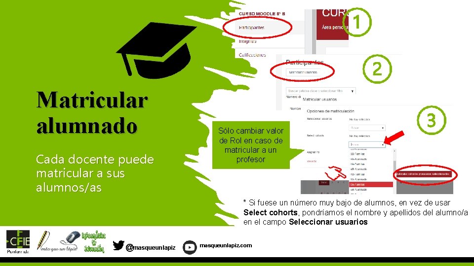 Matricular alumnado Cada docente puede matricular a sus alumnos/as Sólo cambiar valor de Rol