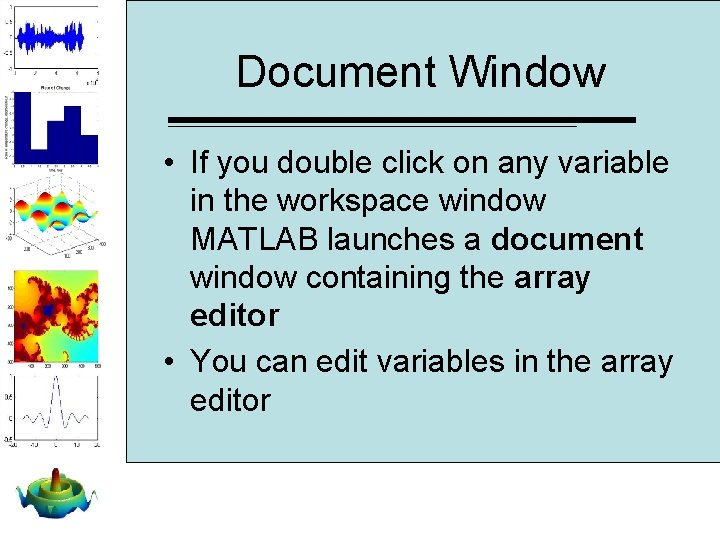 Document Window • If you double click on any variable in the workspace window Document Window • If you double click on any variable in the workspace window