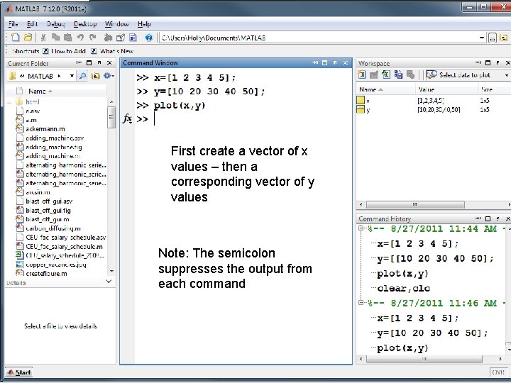 First create a vector of x values – then a corresponding vector of y First create a vector of x values – then a corresponding vector of y