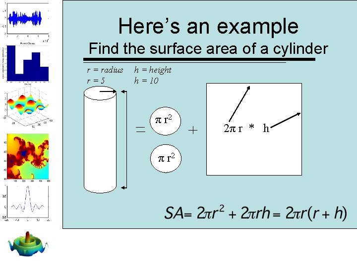 Here’s an example Find the surface area of a cylinder r = radius r=5 Here’s an example Find the surface area of a cylinder r = radius r=5