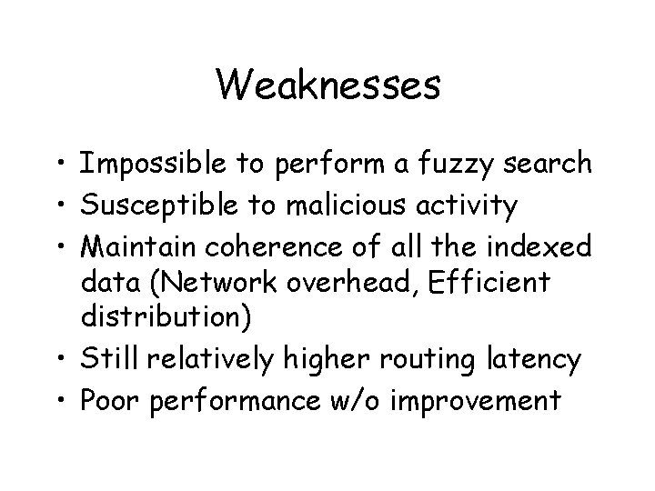 Weaknesses • Impossible to perform a fuzzy search • Susceptible to malicious activity •