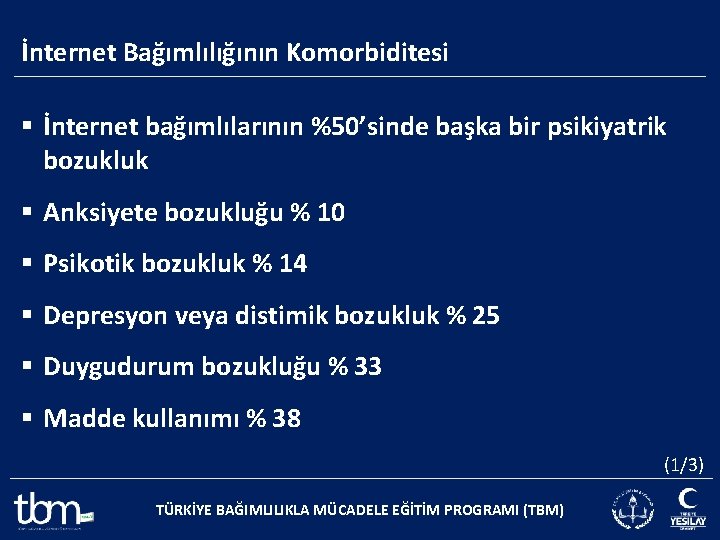 İnternet Bağımlılığının Komorbiditesi § İnternet bağımlılarının %50’sinde başka bir psikiyatrik bozukluk § Anksiyete bozukluğu