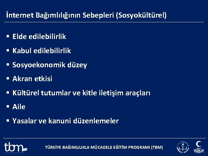 İnternet Bağımlılığının Sebepleri (Sosyokültürel) § Elde edilebilirlik § Kabul edilebilirlik § Sosyoekonomik düzey §