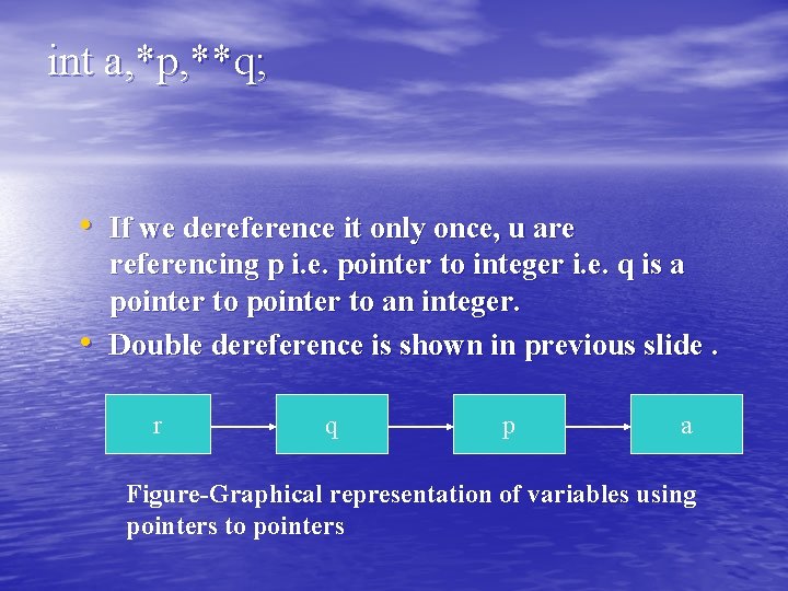 int a, *p, **q; • If we dereference it only once, u are • int a, *p, **q; • If we dereference it only once, u are •