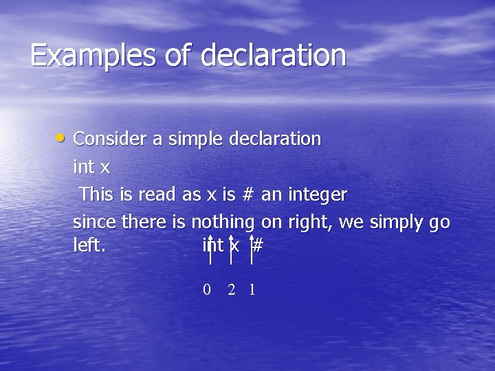Examples of declaration • Consider a simple declaration int x This is read as Examples of declaration • Consider a simple declaration int x This is read as