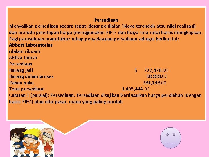 Persediaan Menyajikan persediaan secara tepat, dasar penilaian (biaya terendah atau nilai realisasi) dan metode