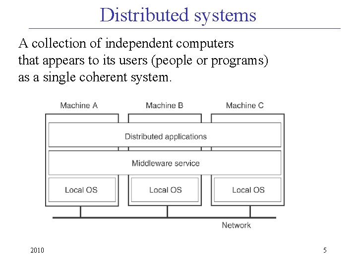Distributed systems A collection of independent computers that appears to its users (people or
