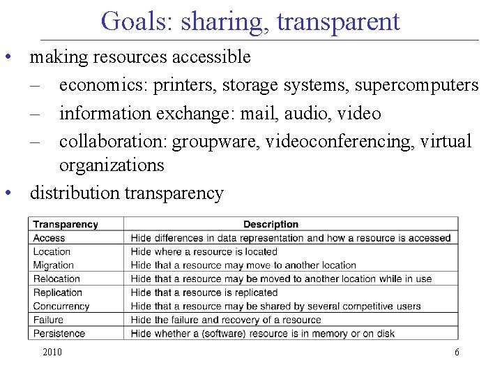 Goals: sharing, transparent • making resources accessible – economics: printers, storage systems, supercomputers –