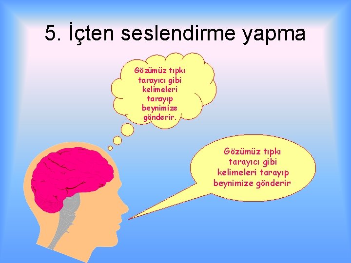 5. İçten seslendirme yapma Gözümüz tıpkı tarayıcı gibi kelimeleri tarayıp beynimize gönderir. 