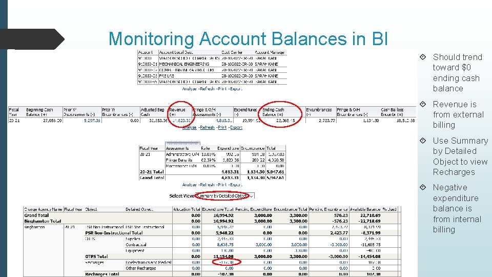 Monitoring Account Balances in BI Should trend toward $0 ending cash balance Revenue is