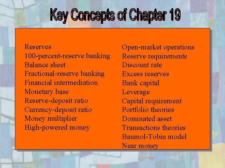 Reserves 100 -percent-reserve banking Balance sheet Fractional-reserve banking Financial intermediation Monetary base Reserve-deposit ratio