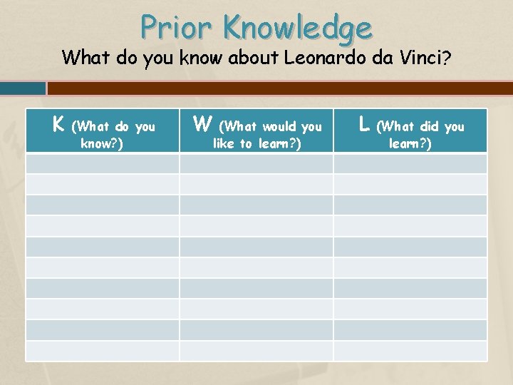 Prior Knowledge What do you know about Leonardo da Vinci? K (What do you