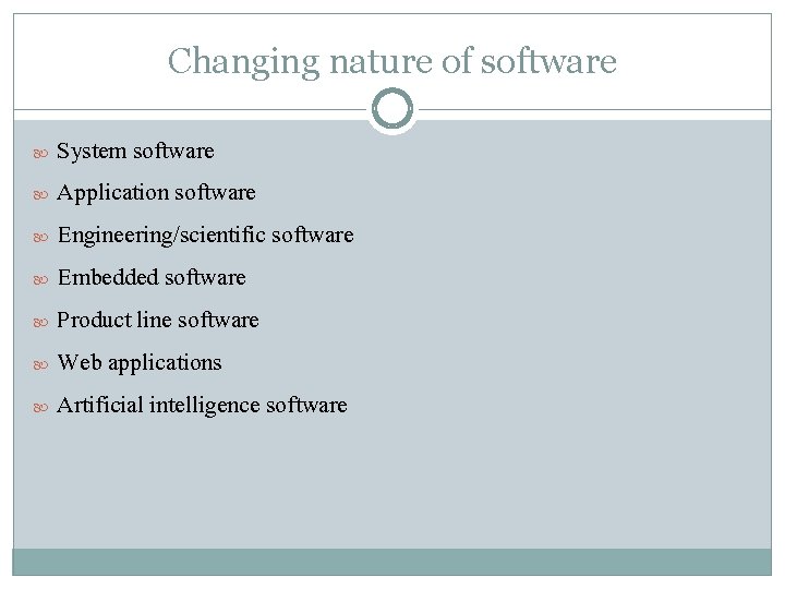 Changing nature of software System software Application software Engineering/scientific software Embedded software Product line